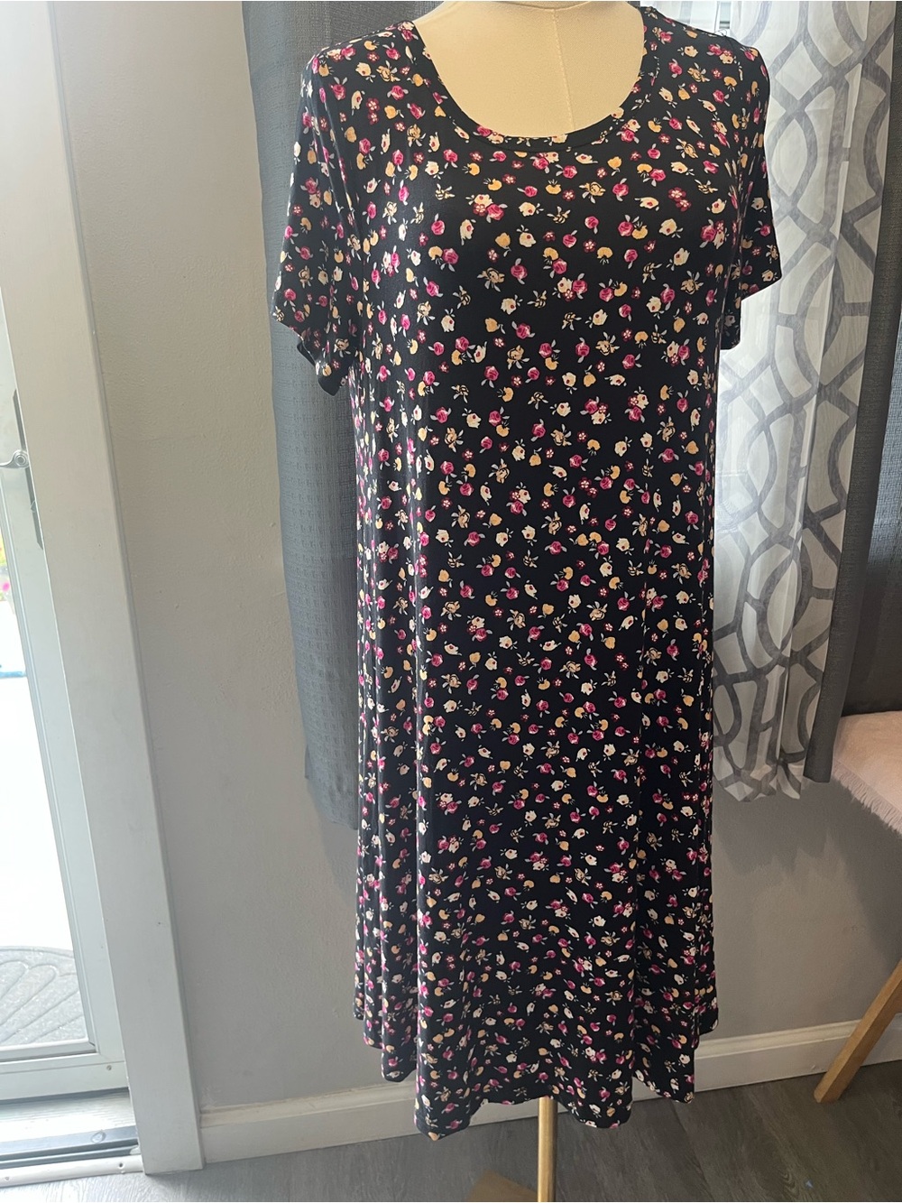 Black Floral Midi Dress with Pink & Cream Blossoms